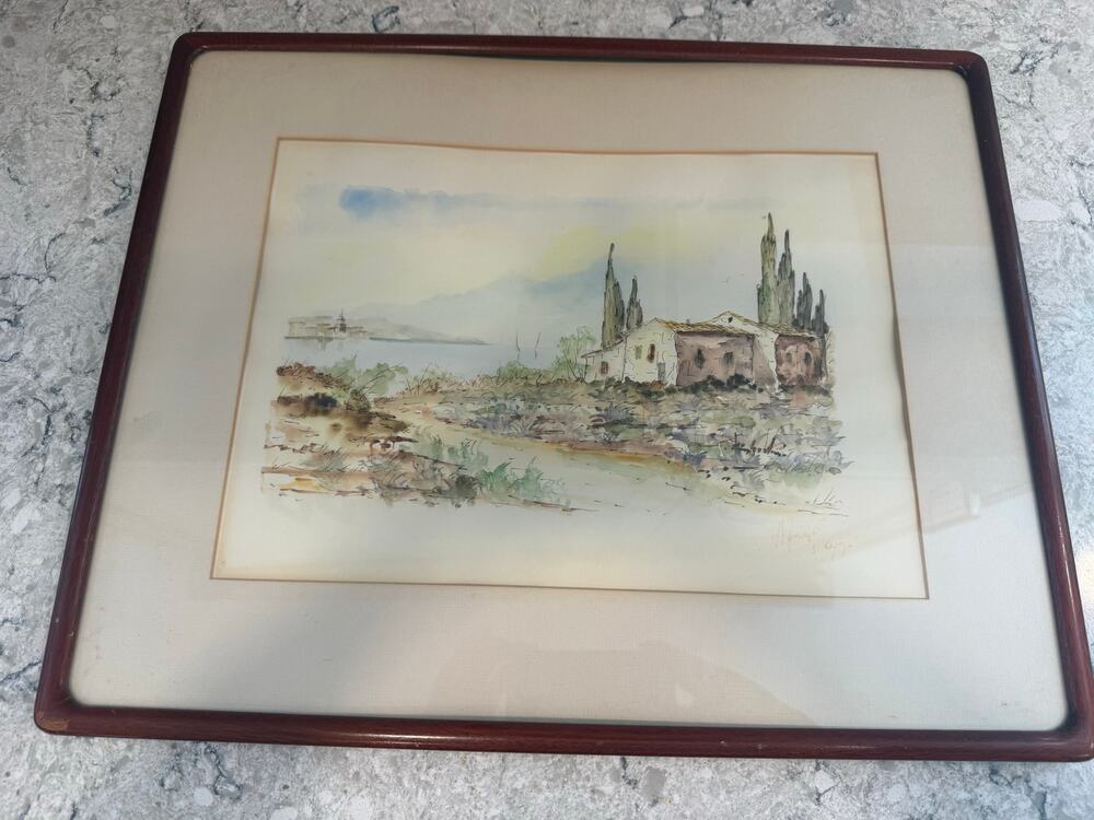 Original Signed Watercolor Painting Mediterranean-style Scene Teak Frame